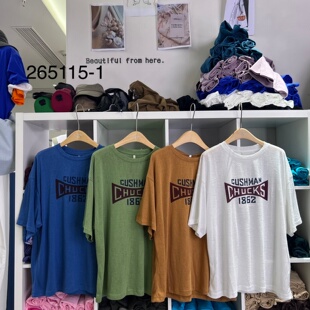 九石女265115-1夏季韩版宽松大码胖mm慵懒休闲风圆领字母短袖T恤