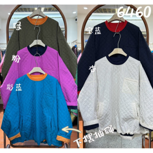 We女装6460冬季韩版宽松大码胖mm慵懒休闲风圆领菱格套头棉服外套