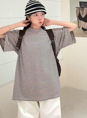大7女32329秋季新款韩版宽松大码胖mm休闲慵懒松弛风短袖条纹T恤