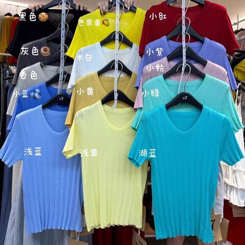 胖mm显瘦圆领薄款针织短袖上衣女