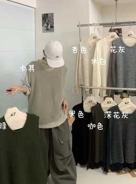 大7女M12583秋韩版宽松大码胖mm慵懒休闲风时尚卷边圆领针织马甲