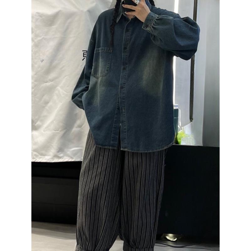 胖mm休闲慵懒风复古长袖牛仔衬衫