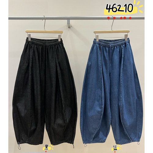 慵懒松弛高腰抽绳束脚牛仔长裤女