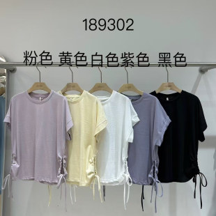 胖mm休闲设计感褶皱绑带短袖 非本189302夏季 宽松大码 韩版 T恤 新款