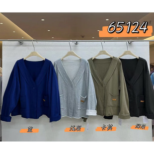 We女装65124秋季韩版宽松大码胖mm慵懒休闲风V领明线贴袋长袖外套