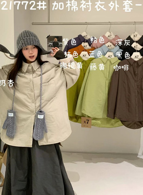 大7女装21772冬韩版宽松大码胖mm慵懒休闲风翻领纯色加厚衬衫外套