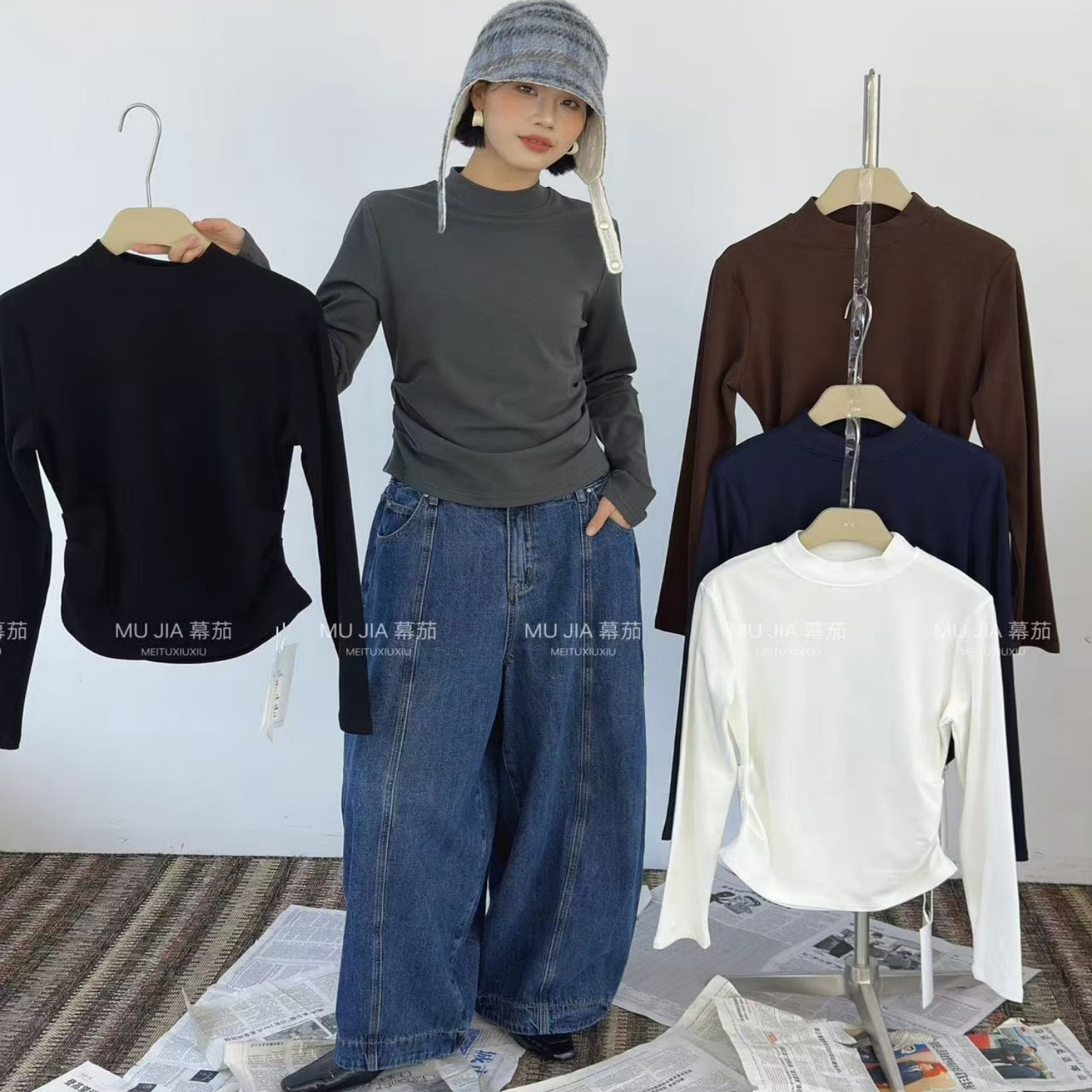 慵懒立领褶皱磨毛打底衫T恤上衣