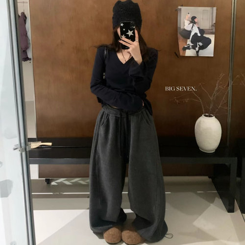 胖mm慵懒休闲加绒收脚阔腿气球裤