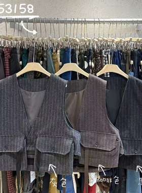 WE女53158秋冬韩版宽松大码胖mm慵懒休闲风复古V领竖条纹短款马甲