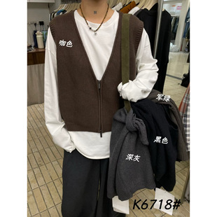 becabeau6718秋冬韩版宽松大码胖mm休闲短款V领开衫针织毛衣马甲