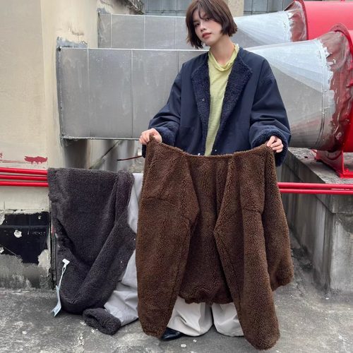 胖mm慵懒风圆领羊羔毛绒内里外套
