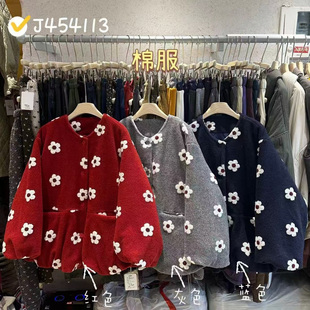 WE女装454113冬季韩版宽松大码胖mm慵懒松弛风圆领花朵棉服外套