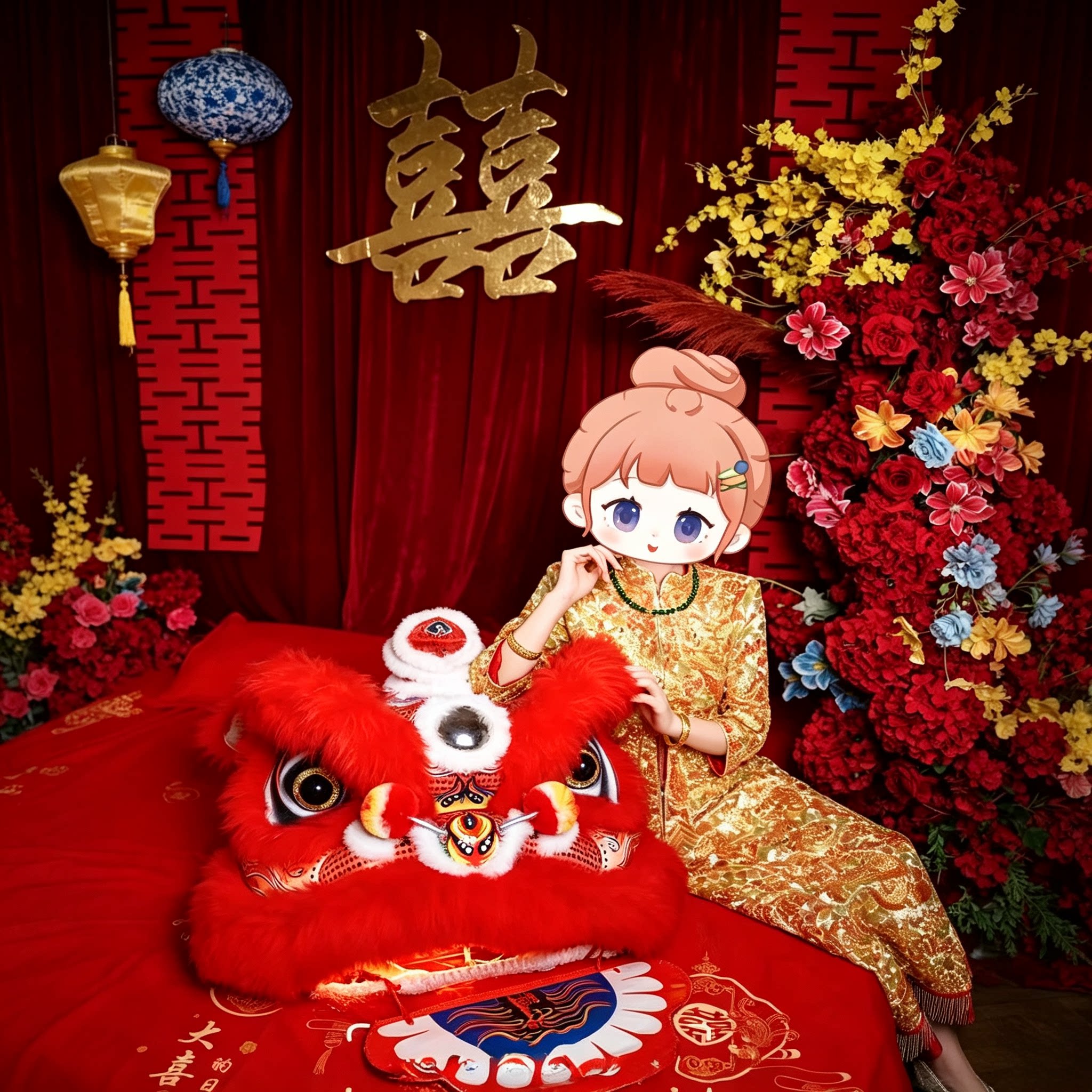 醒狮头经典红色毛绒婚房中式传统图片