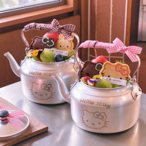 甜系猫面铝茶壶蛋糕容器烘焙门店外景甜品展示道具格子蝴蝶结礼品