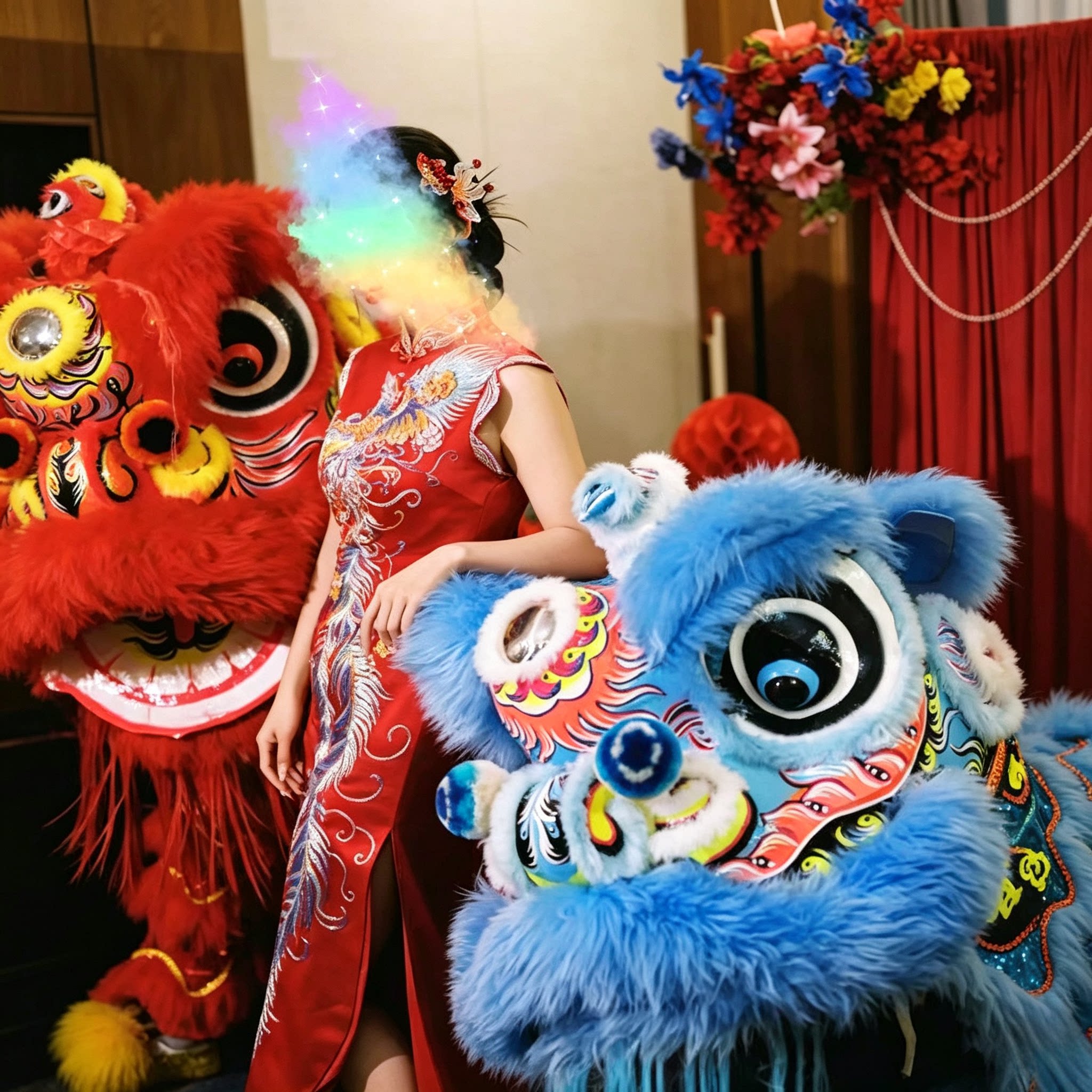 醒狮头经典红色毛绒婚礼装饰搭配图片