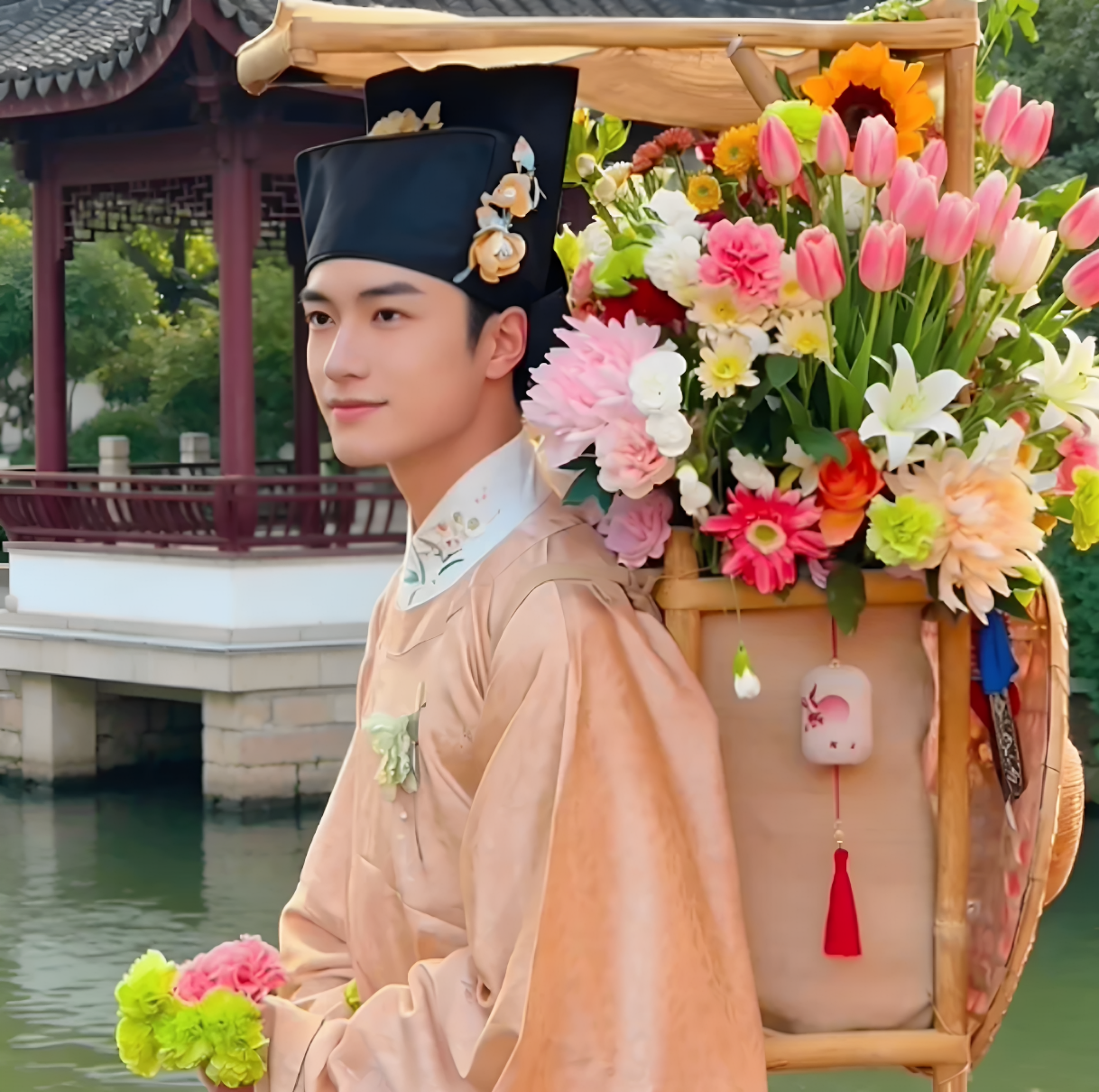 宋朝卖花郎背篓探花郎古风书生秀才假花仿真花束背篓室外表演道具