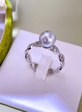 银灰色珍珠戒指正圆无瑕冷色调 S925纯银冷光猪鼻子开口指环女