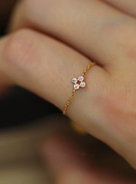 纯银镀14K金迷你可调节戒指女 日系轻奢四叶草镶钻链条戒指