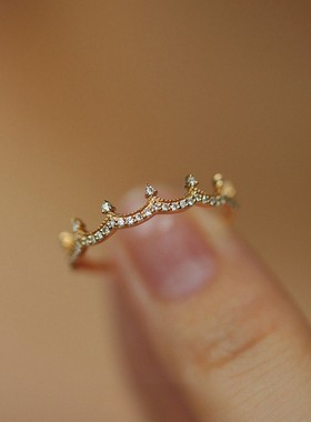 女王加冕~S925纯银镀18K金锆石戒指公主皇冠轻奢小众日系指环