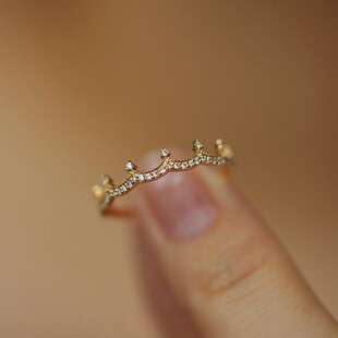 女王加冕~S925纯银镀18K金锆石戒指公主皇冠轻奢小众日系指环