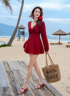 VANLIGA仙女风V领长袖红色连衣裙女显瘦收腰千金风