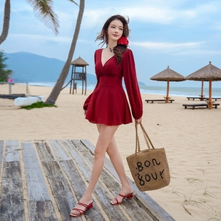 VANLIGA仙女风V领长袖 红色连衣裙女显瘦收腰千金风