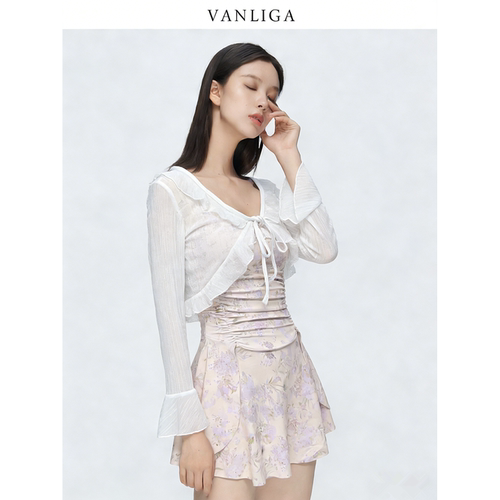 VANLIGA 泳衣女连体裙式收腰遮肚大码显瘦保守防晒女孩游泳衣