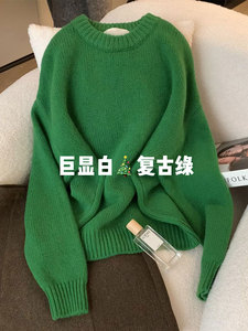 CHAO级无敌推荐！巨显白～复古绿韩版宽松慵懒风羊毛针织衫女