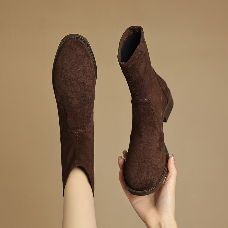 法式覆古绒面弹力瘦瘦靴女2025秋冬新款圆头粗低跟百搭短靴子大尺