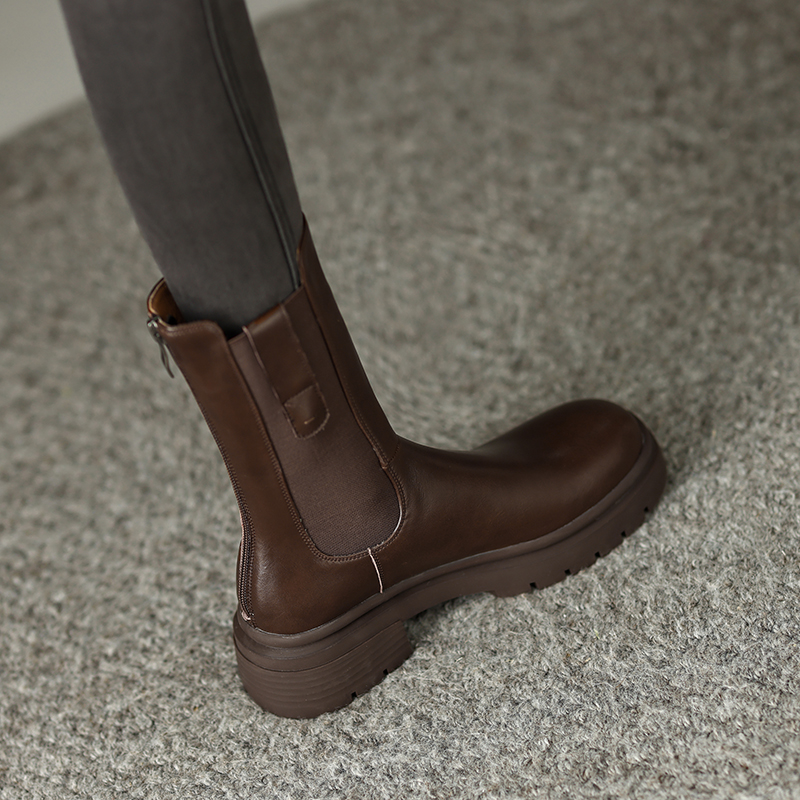 诗宝斐尔英伦风切尔西烟筒靴女短靴2025秋新款真皮圆头中筒马丁靴