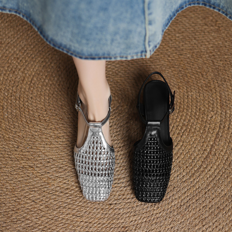 诗宝斐尔粗跟4CM法式编织镂空T字带包头凉鞋女夏季真皮方头高跟鞋