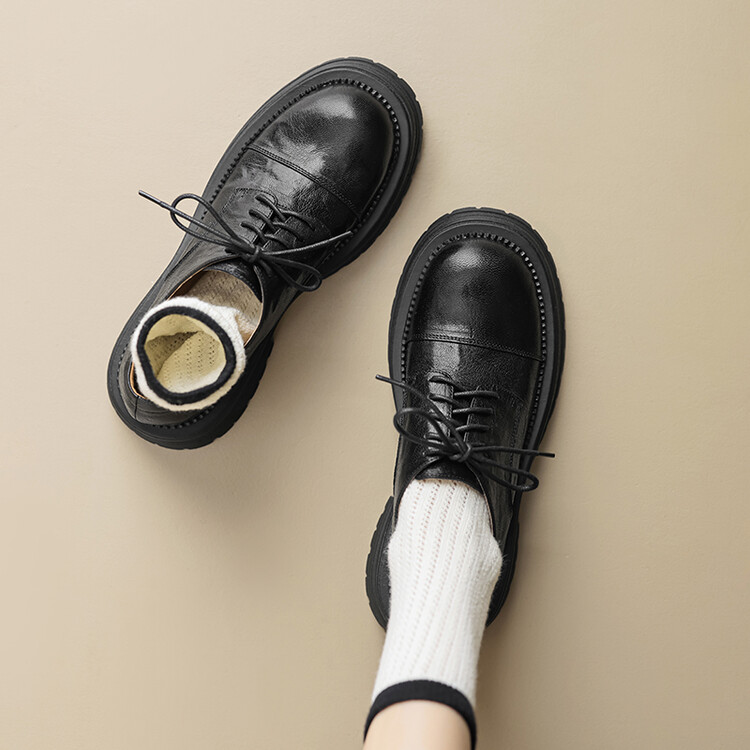 英伦学院风大头松糕厚底小皮鞋女2025秋冬款覆古真皮系带百搭单鞋