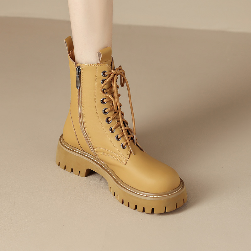 踢不烂大黄靴马丁靴女2025新款秋季真皮英伦风覆古厚底系带短靴子