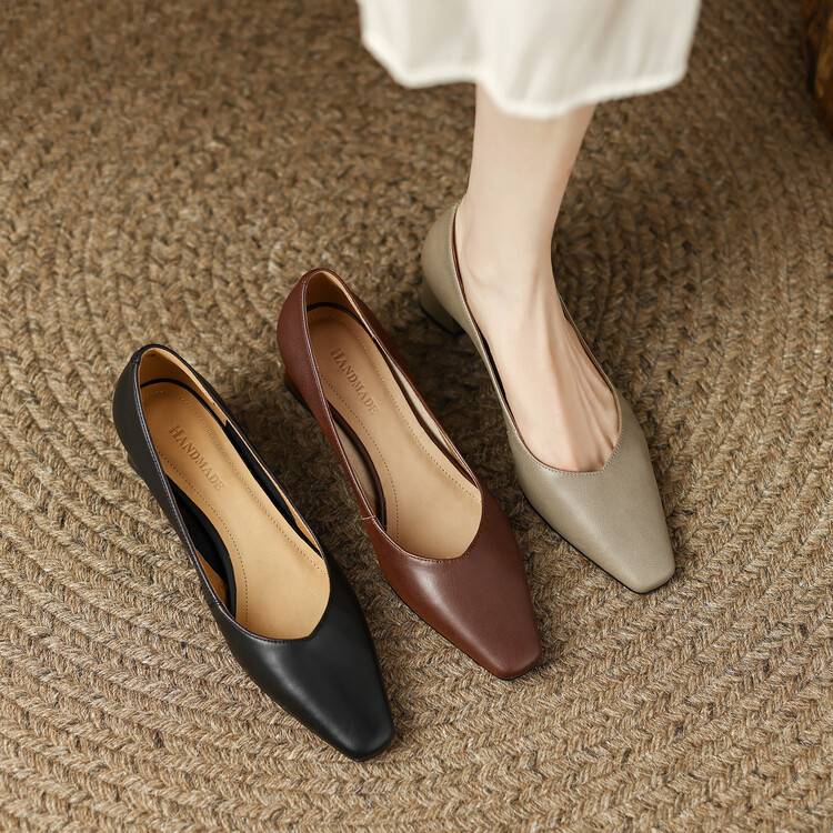 法式气质方头浅口单鞋女中跟春秋款通勤百搭高跟鞋真皮粗跟工作鞋