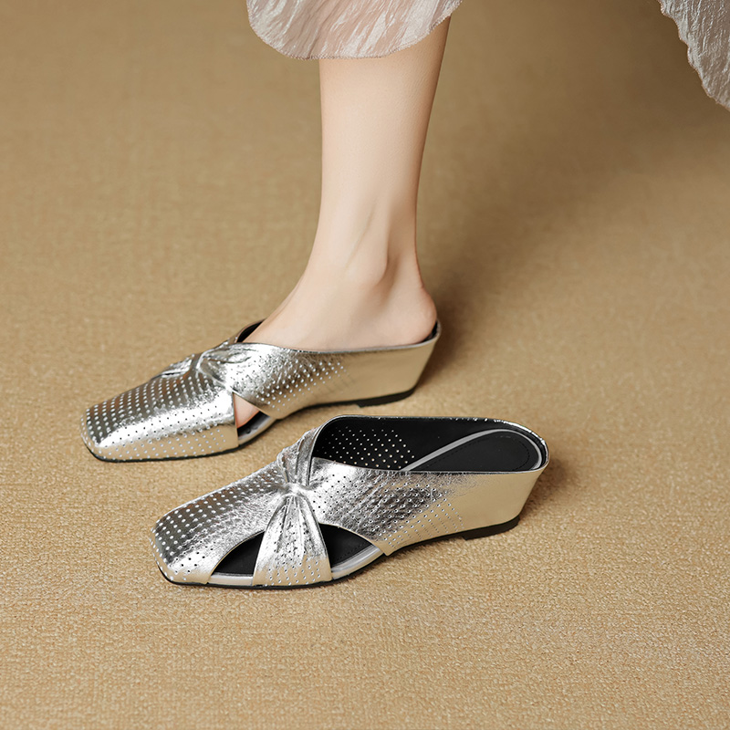 诗宝斐尔真皮银色镂空包头半拖鞋女夏季外穿休闲内增高穆勒凉拖鞋