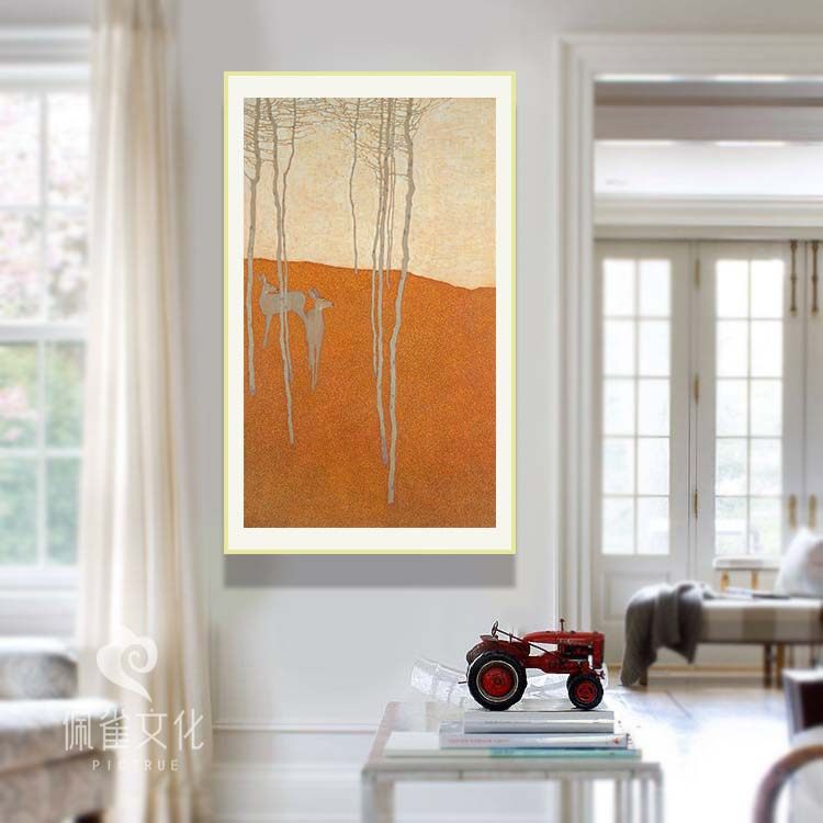 北欧发财鹿装饰画竖版林间鹿David Grossmann简约现代有框油画布