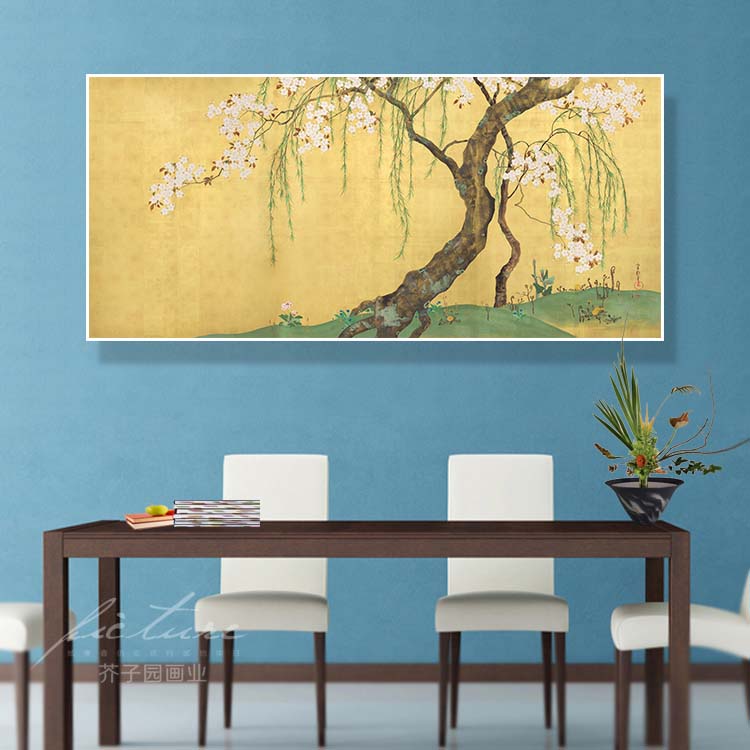 日式挂画樱花树小清新酒井抱一餐厅酒店商务有框装饰画客厅油画布图片