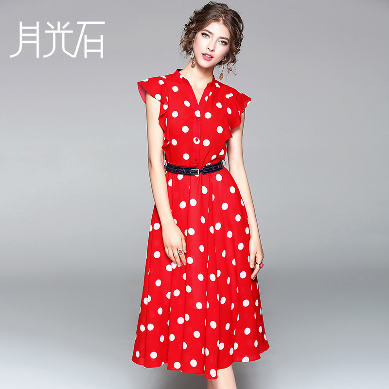 月光石女装新款波点印花拼接荷叶边V领A字裙红色连衣裙BD71269