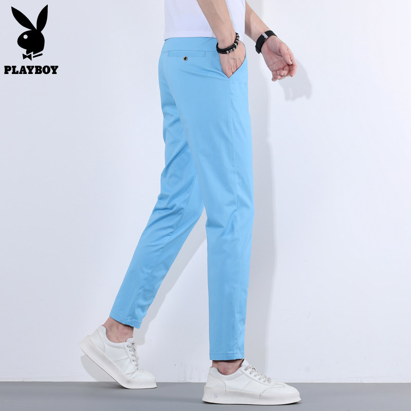 PLAYBOY九分休闲裤男纯棉春夏薄款小个子修身直筒天蓝色男士裤子