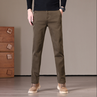 秋季加绒纯棉九分休闲裤男款修身直筒显高九分弹力咖啡色男士裤子