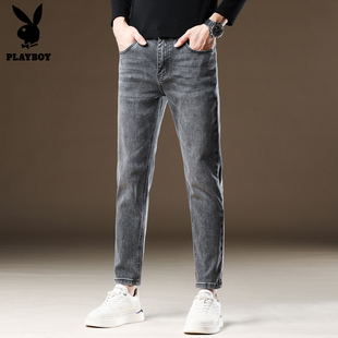 PLAYBOY牛仔裤男士修身小脚秋冬厚款小个子男生显高九分裤男