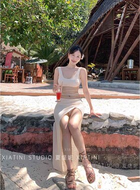 欧美辣妹风2024新款沙滩比基尼套装绑带长裙开叉泳衣女泡温泉度假