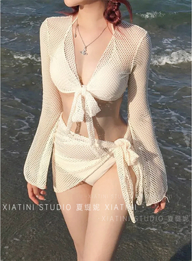 2026新款长袖针织泳衣女四件套气质性感纯欲风小胸聚拢度假比基尼