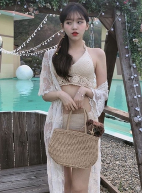 欧美小众2024新款分体比基尼三件套罩衫度假风性感显瘦温泉泳衣女