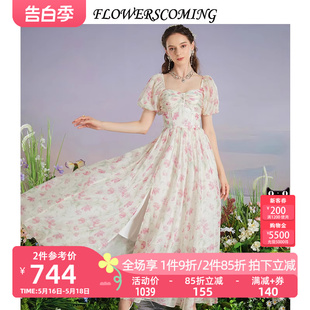 超仙雪纺印花连衣裙女高腰显瘦仙女裙 法式 新款 花儿开了2024夏季