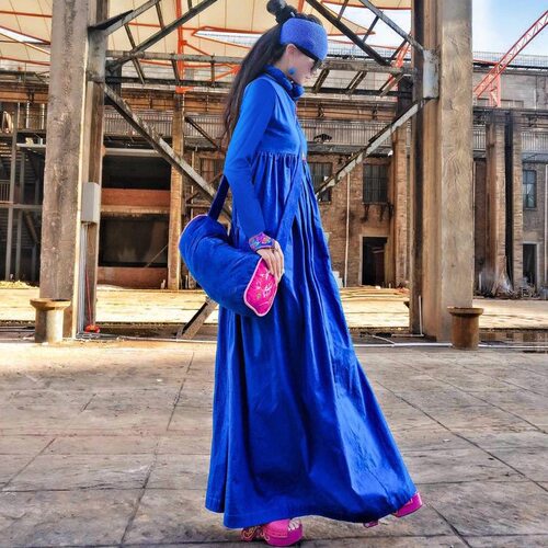 明星同款原创复古长袖棉麻连衣裙