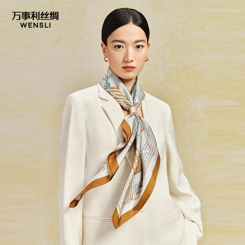 万事利新款欧式100%桑蚕丝丝巾链条百搭双面印花大方巾-俊采星驰