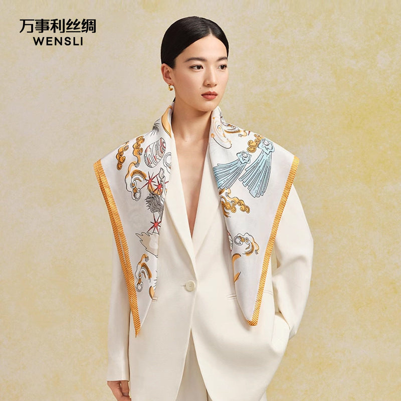 万事利新款100%桑蚕丝卷边丝巾披肩女手绘涂鸦大方巾星光灿烂