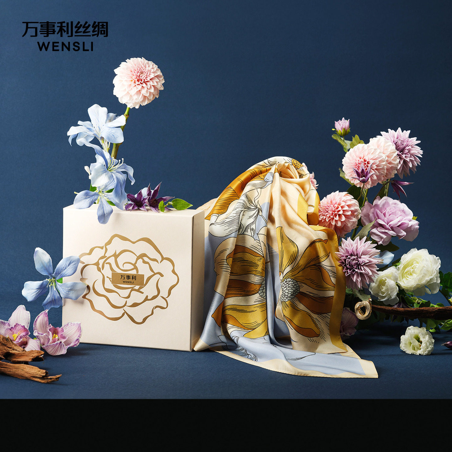 万事利100%桑蚕丝真丝丝巾送妈妈生日礼物方巾丝巾扣礼盒玉兰赋