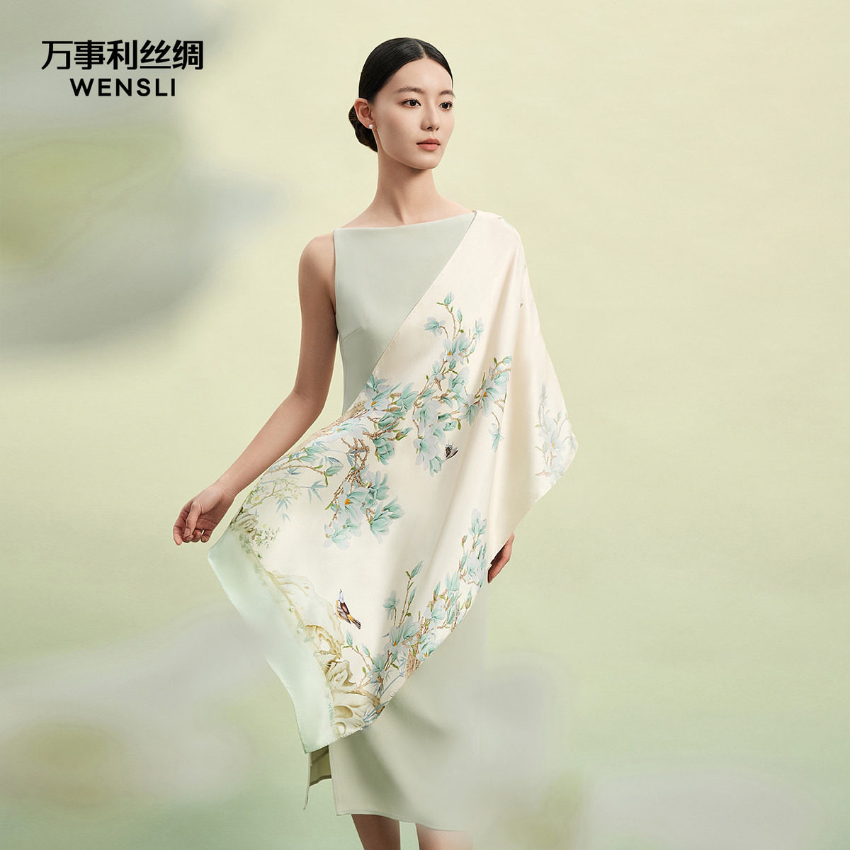 万事利十二花神系列100%桑蚕丝长巾披肩外搭丝巾妈妈女